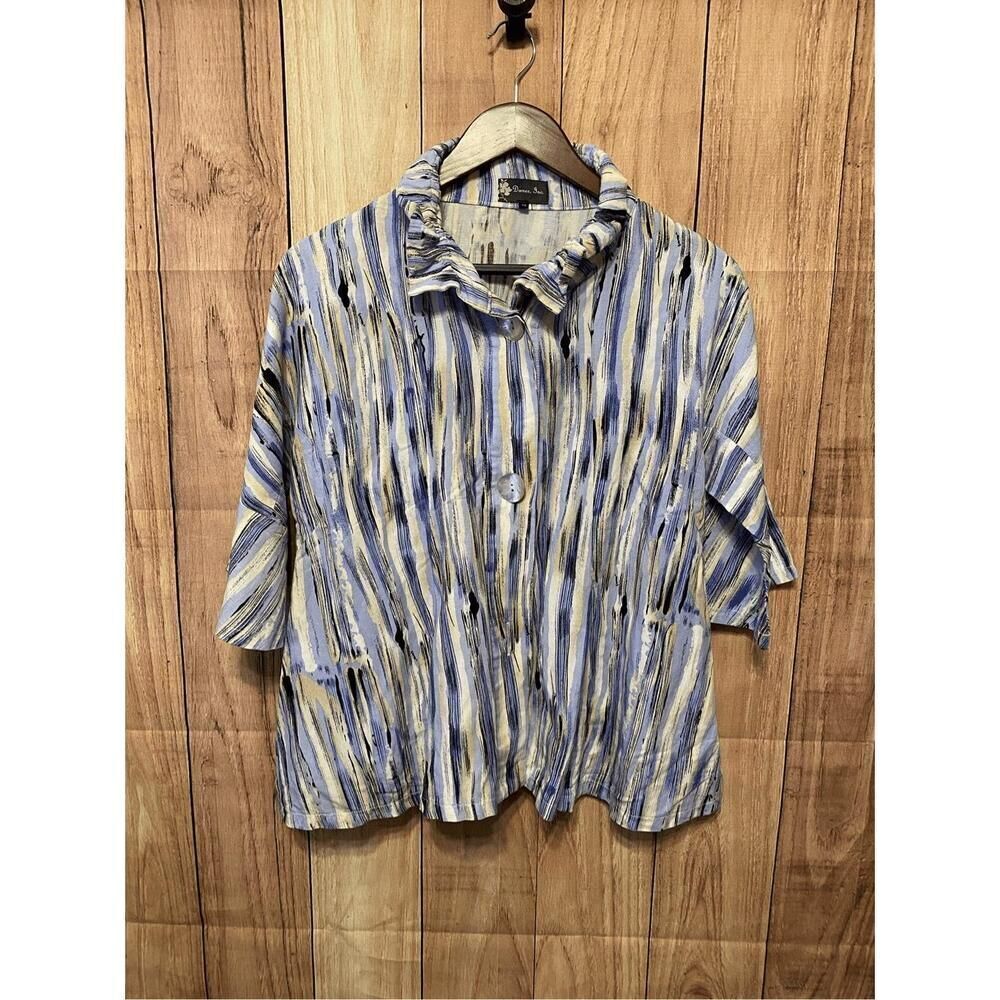 Damee Inc. S Blazer Jacket Blue Striped Wire Collar Bell Sleeves Career abstract